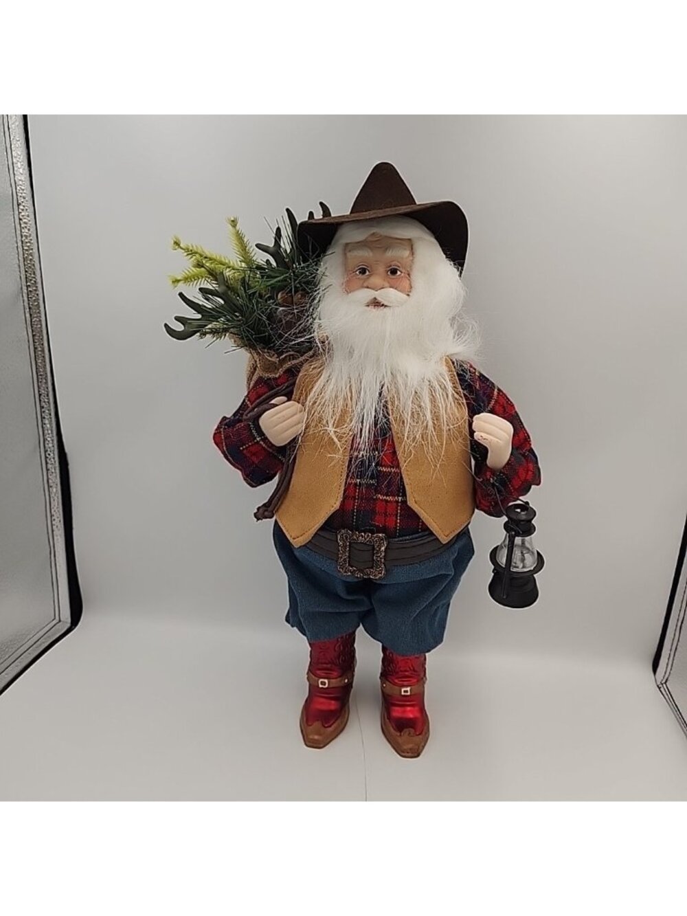 North Pole Trading Co. 18" Cowboy Santa Figurine Red Cowboy Boots Lantern